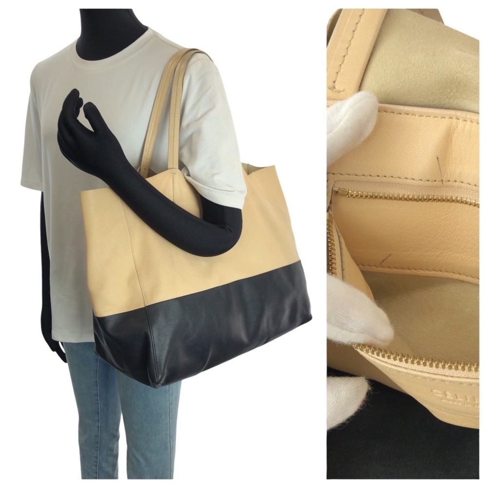 CELINE Horizontal Cabas Bicolor Beige Black Gold Hardware Leather Tote Bag Sh... - Picture 7 of 10